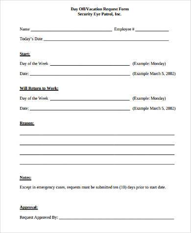 printable day off request form