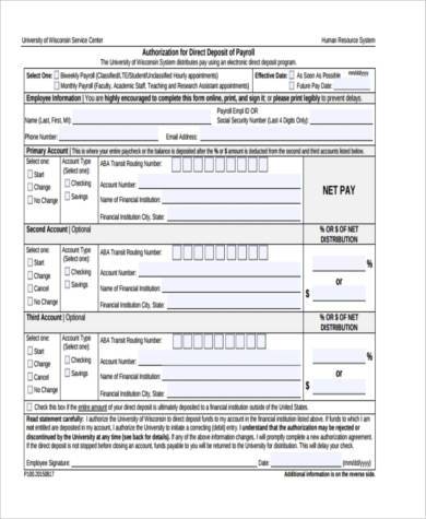 free 9 sample printable direct deposit forms in pdf ms