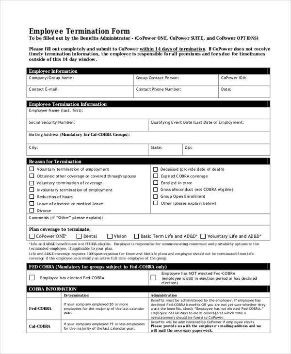 FREE 8  Employee Termination Form Samples in PDF MS Word