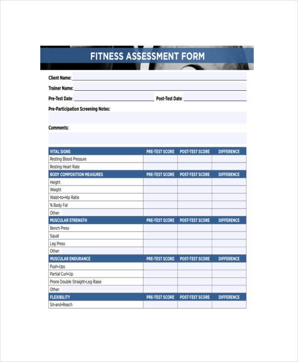 Printable Fitness Assessment Form Printable Forms Free Online