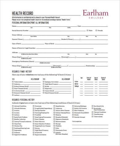 Personal Health Record Form Printable