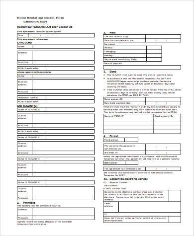 printable home rental agreement form