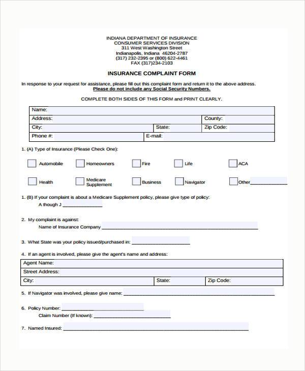 printable insurance complaint form in pdf