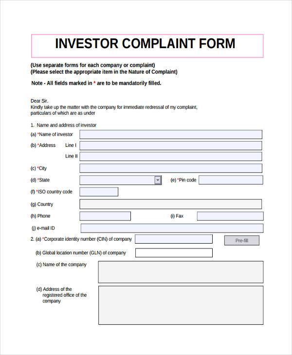 printable investor complaint form