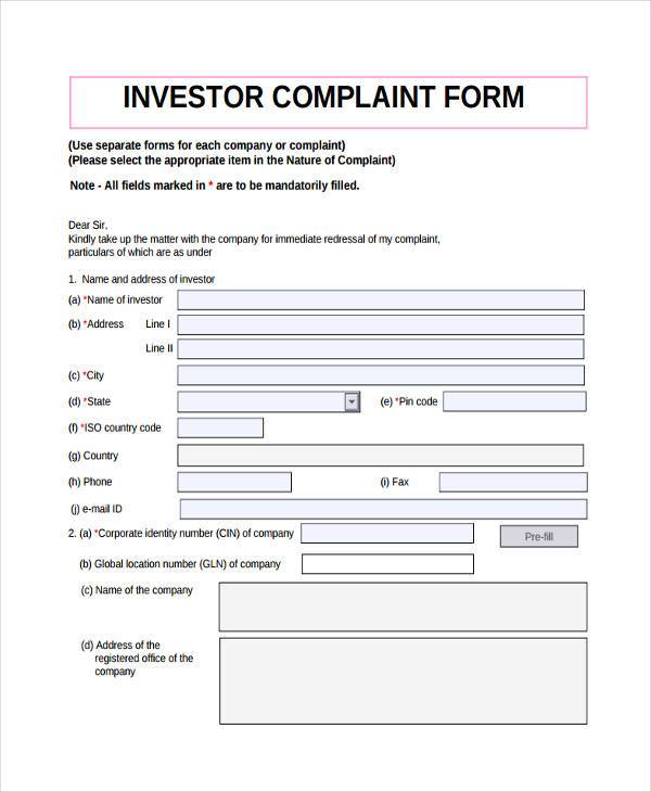 FREE 7+ Investor Complaint Forms in PDF | MS Word