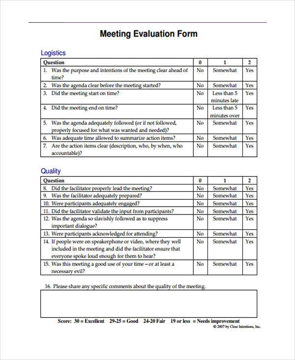 printable meeting evaluation form