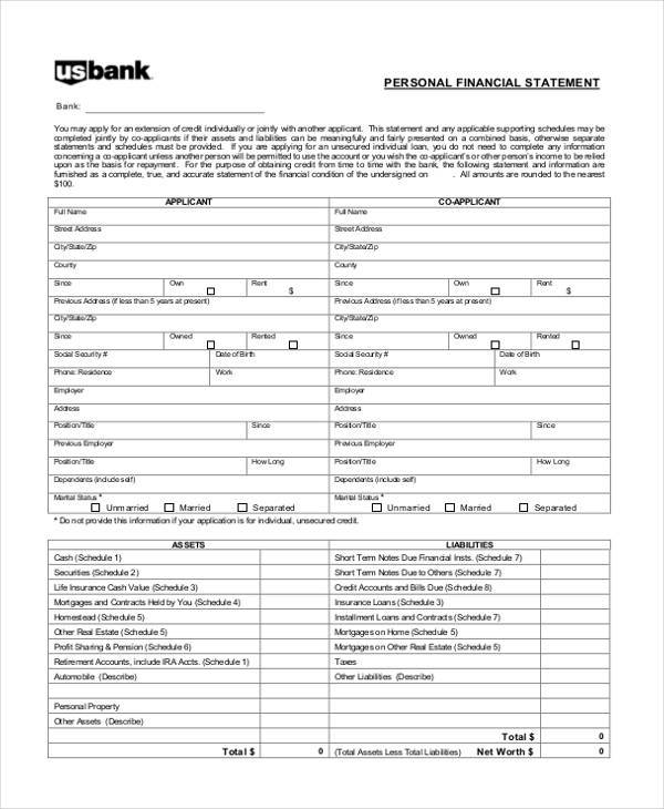 printable personal financial statement form