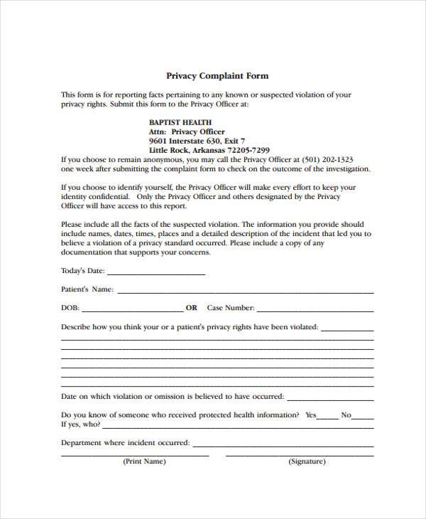 printable privacy complaint form