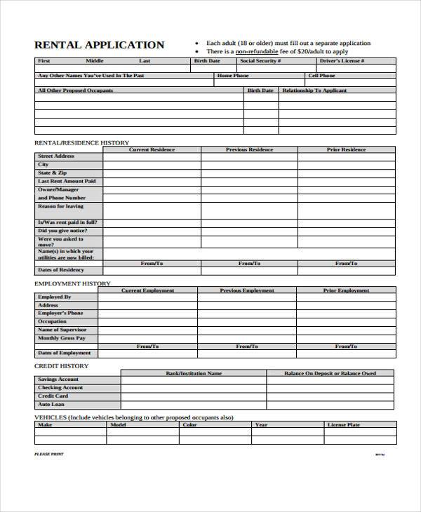 printable renters application form