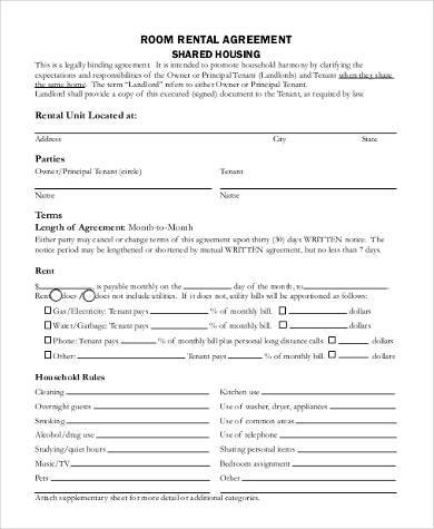 printable room rental agreement form