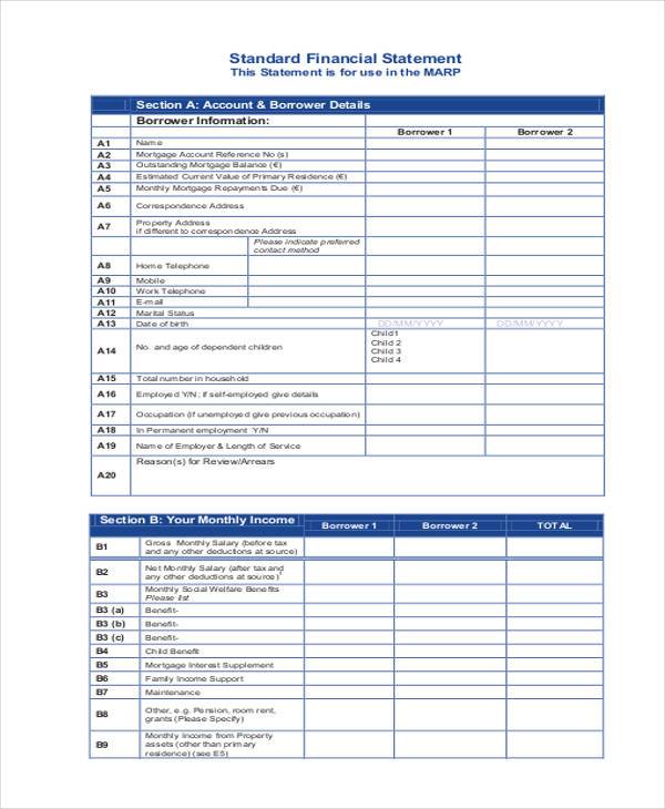printable standard financial statement form