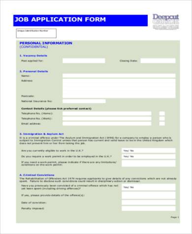 printable standard job application form