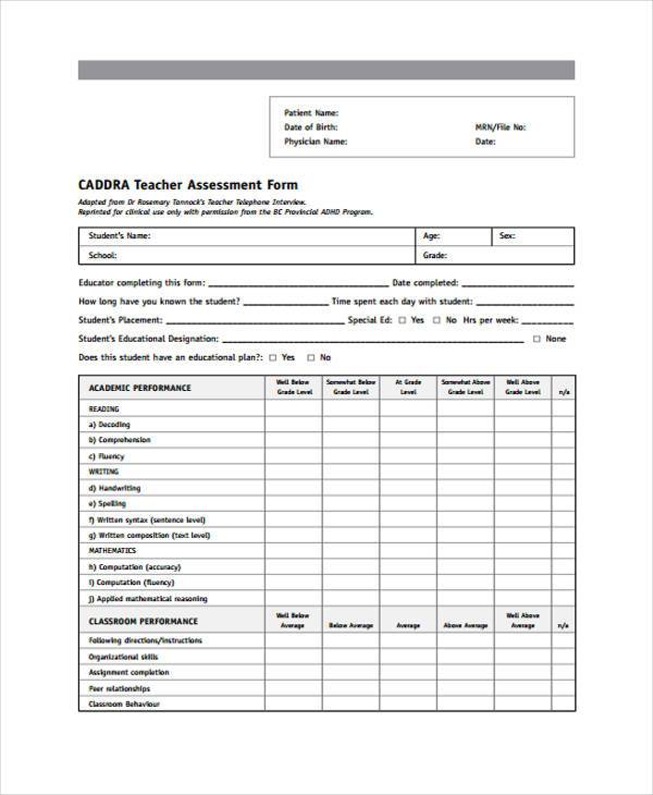 printable teacher assessment form