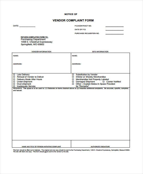 printable vendor complaint form 