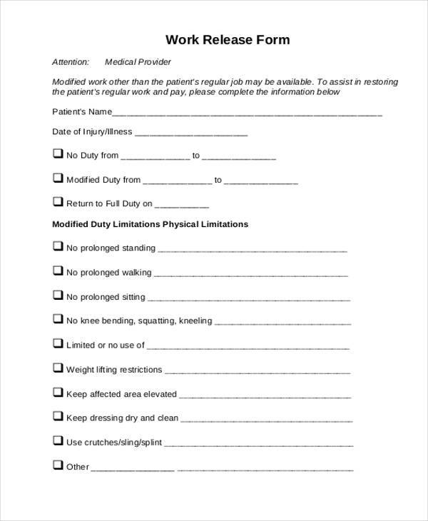 printable work release form