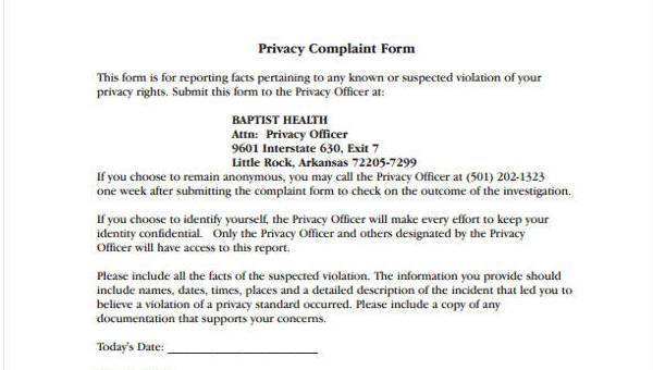 privacy complaint form samples