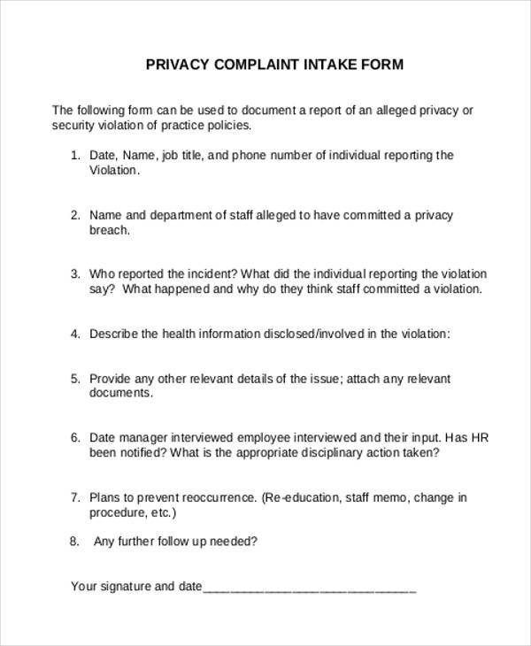 privacy complaint intake form