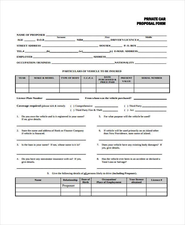 private car proposal form