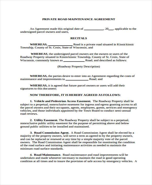 FREE 6+ Sample Road Maintenance Agreement Forms in PDF | MS Word