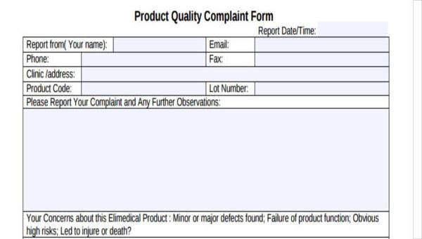 product complaint form samples