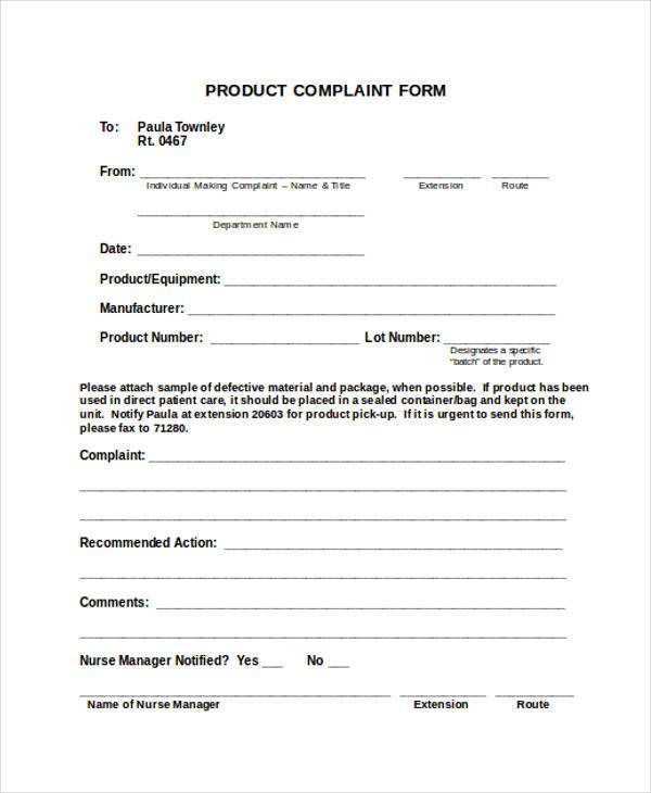 product complaint form in doc