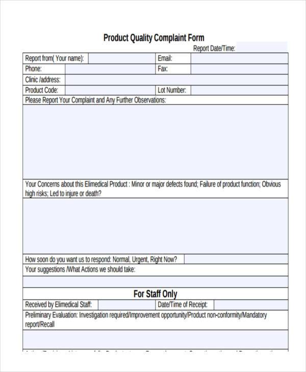 product quality complaint form sample
