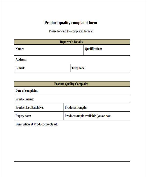 product quality complaint form
