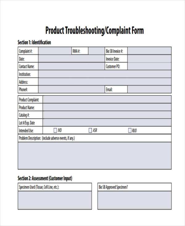 product troubleshooting complaint form