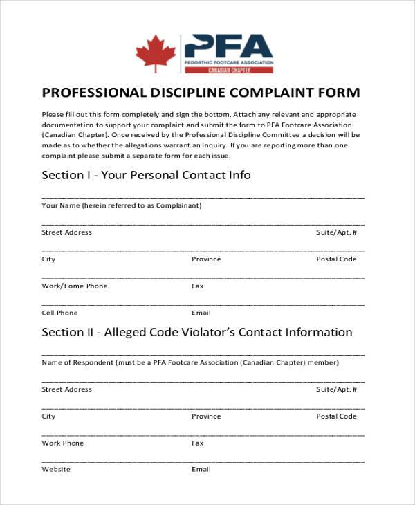 professional discipline complaint form in pdf