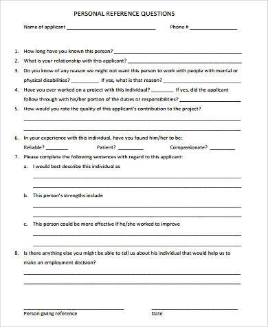 professional reference questionnaire form