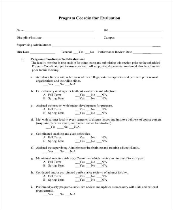program coordinator evaluation form example