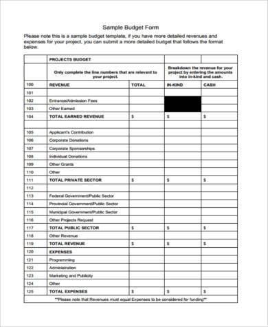 project budget form format