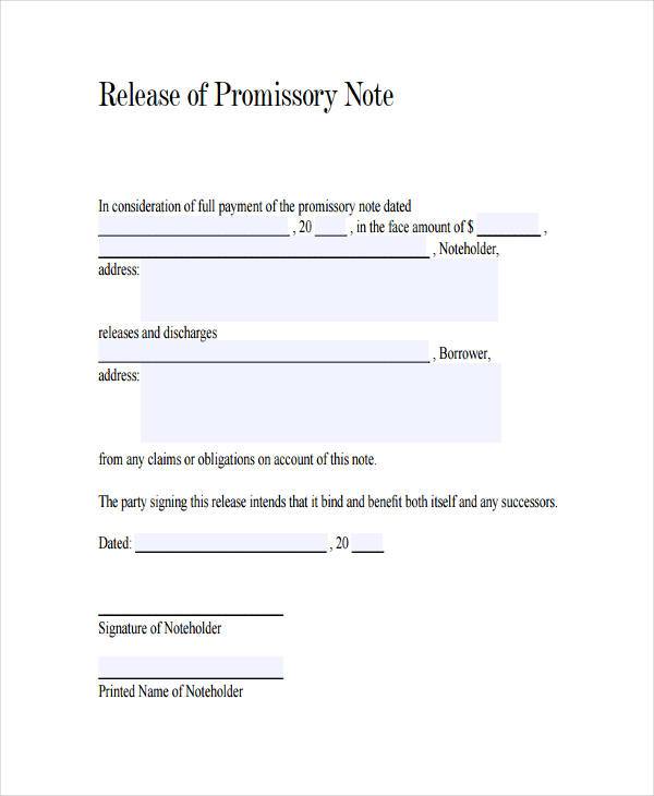 promissory note release form