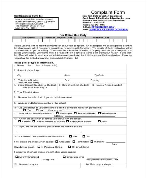 proprietary school complaint form sample