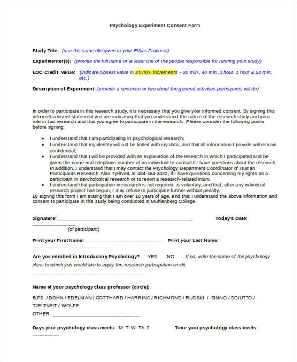 psychology experiment consent form