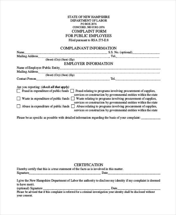 public employee complaint form example