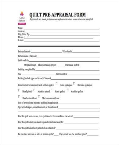 quilt pre appraisal form