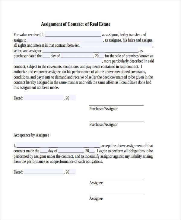 real estate assignment contract form
