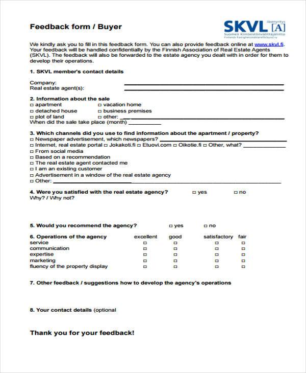 real estate buyer feedback form sample
