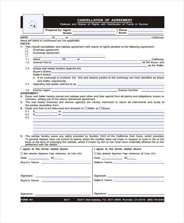 real estate cancellation agreement form