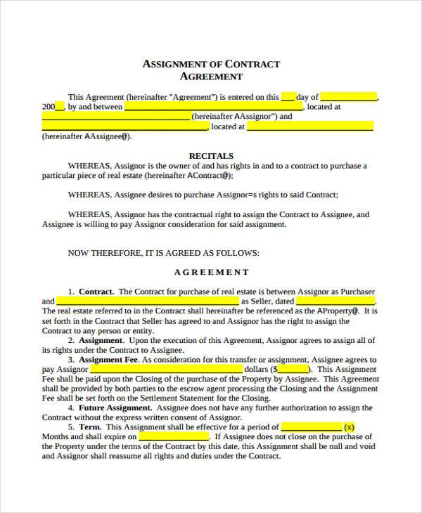 real estate contract assignment form