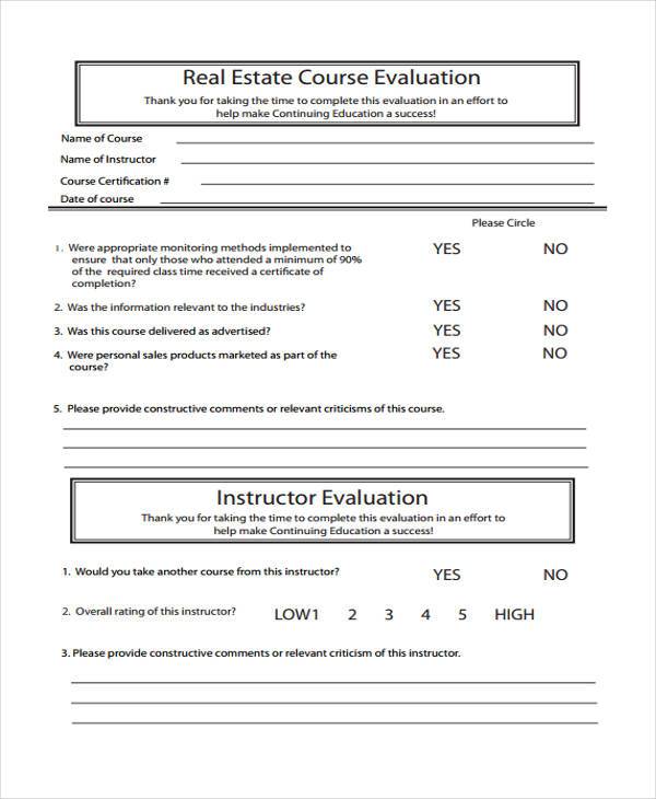 real estate course evaluation form sample