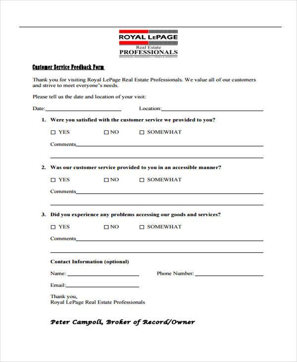 real estate customer feedback form