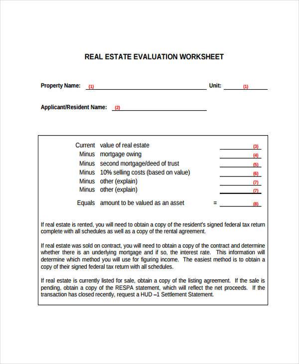 real estate evaluation worksheet form 