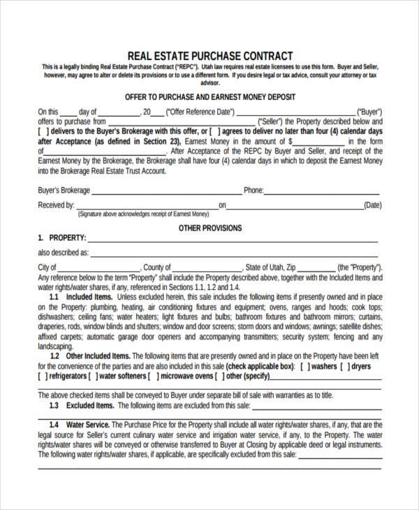 real estate purchase contract agreement form