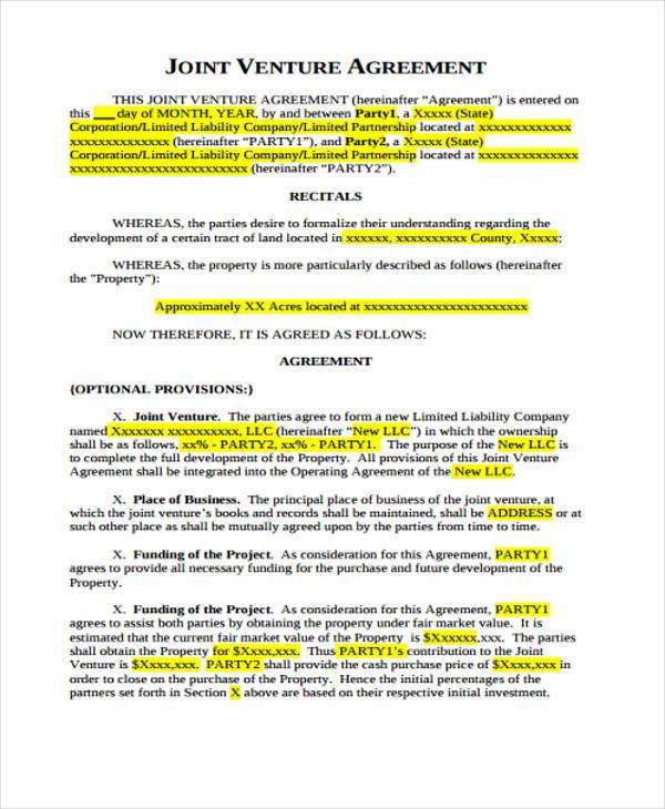 Real Estate Joint Venture Agreement Template from images.sampleforms.com