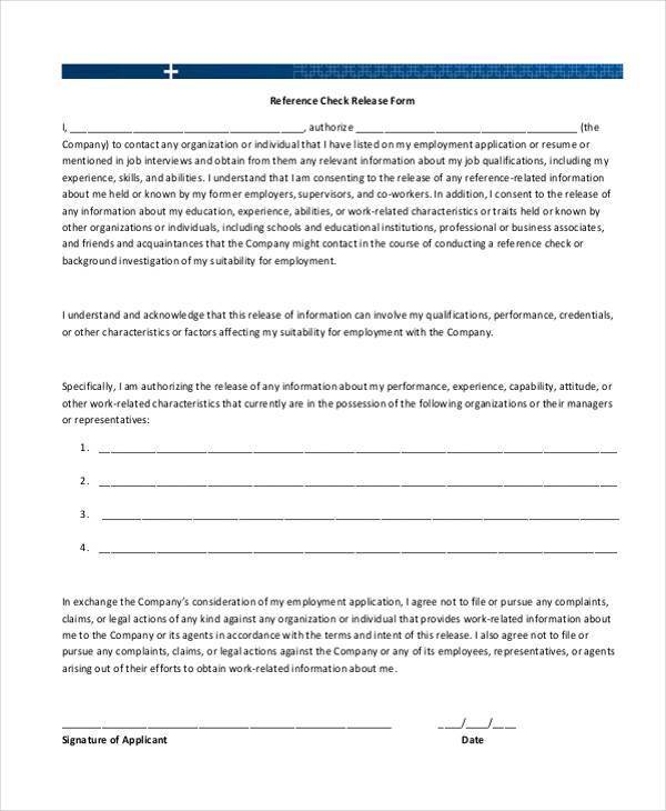 release form reference form 9 Free Samples Release   Example Reference Sample,