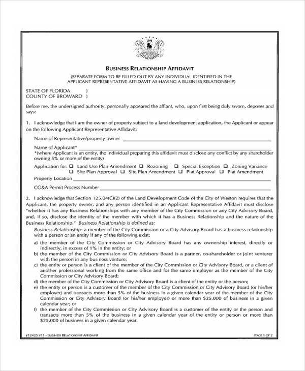 relationship affidavit form example