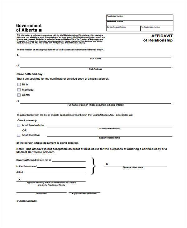 relationship affidavit form in pdf