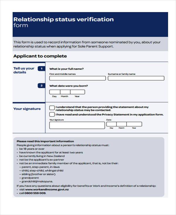 relationship status verification example